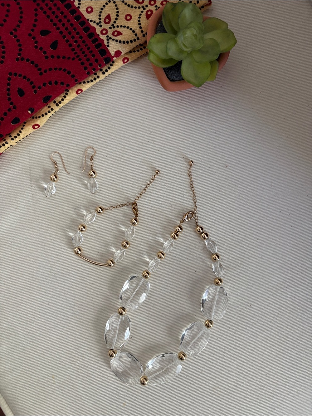 One of a Kind Clear Crystal Bead Choker Necklace Set with Gold Accents